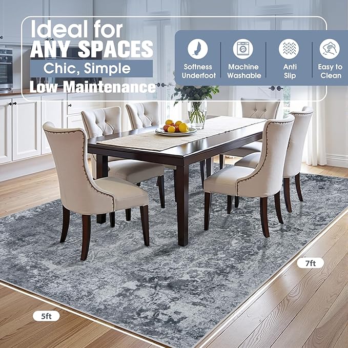 5x7 Area Rugs for Living Room Rug Washable: Abstract Rug for Dining Room Bedroom Carpet Non Slip 5 by 7 Indoor Modern Nursery Home Office Black