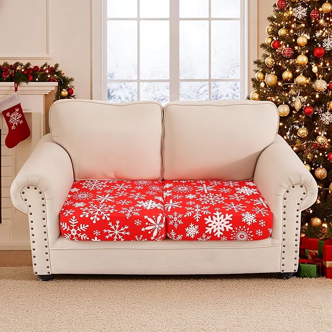 Smiry Printed Couch Cushion Covers, Stretch Soft Couch Covers for Sofa, Washable Non-Slip Sofa Slipcover Furniture Protector for Indoor and Outdoor (2 Pack, Red with White)