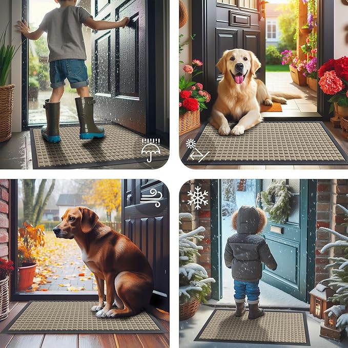 Smiry Front Door Mat Outside Entrance, Heavy Duty Natural Rubber Doormat, Non Slip, Trap Dirt and Moisture, Easy Clean, Low Profile Welcome Floor Mats for Indoor Outdoor Entry, 29.5x17 Inch, Beige
