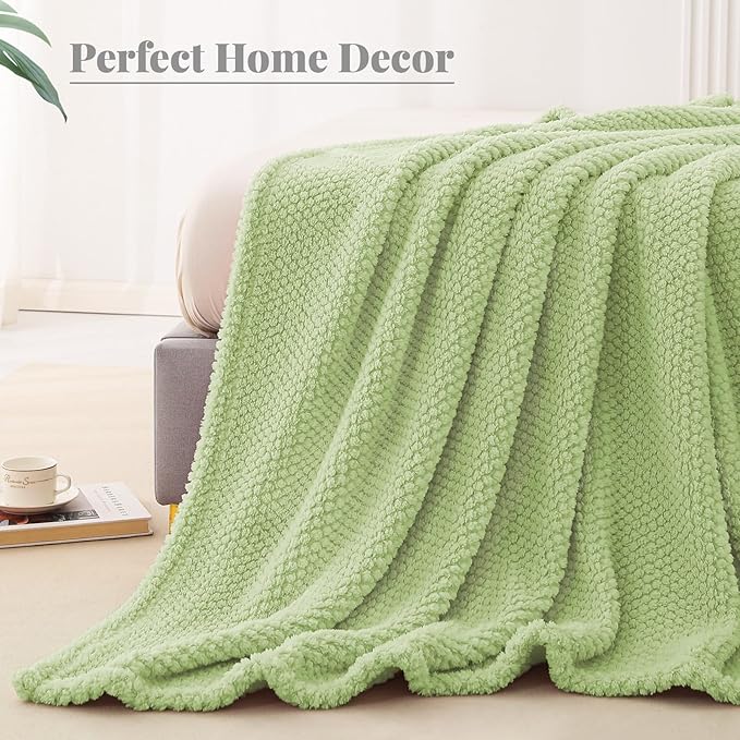 Whale Flotilla Twin Size Fuzzy Fleece Blanket for Bed, 60x80 Inch Fluffy Warm Soft Jacquard Blankets for All Season, Lightweight and Cozy, Sage Green
