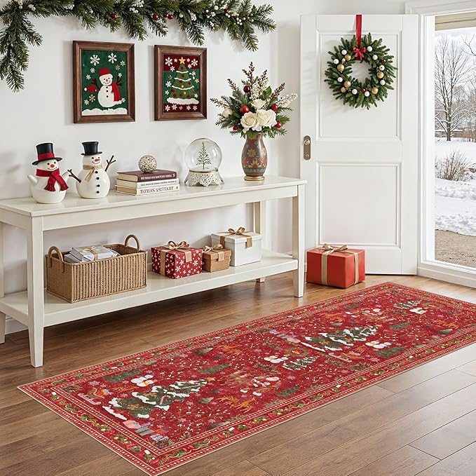 UERMEI Christmas Runner Rug for Hallway: 2x6 Neutral Modern Festive Low Pile Soft Thin Indoor Carpet for Bedroom Kitchen Mat Kids Room Holiday Decor - Red