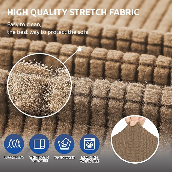 KEKUOU Stretch Loveseat Sofa Cover Slipcover,Couch Covers for 2 Cushion Couch Sofa (55"-78") Furniture Protector Sofa with Elastic Bottom for Kids,Dog. Jacquard Small Checked(Medium,Camel)