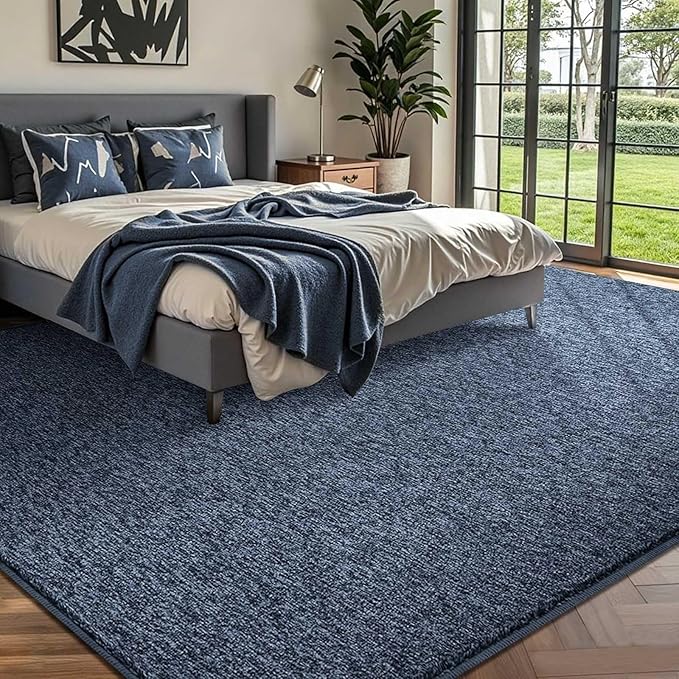 FinRèc 8x10 Washable Area Rugs for Bedroom Living Room, Low Pile Thin Rug Solid Color, Non-Slip Carpet Indoor for Home Decor (Navy Blue)