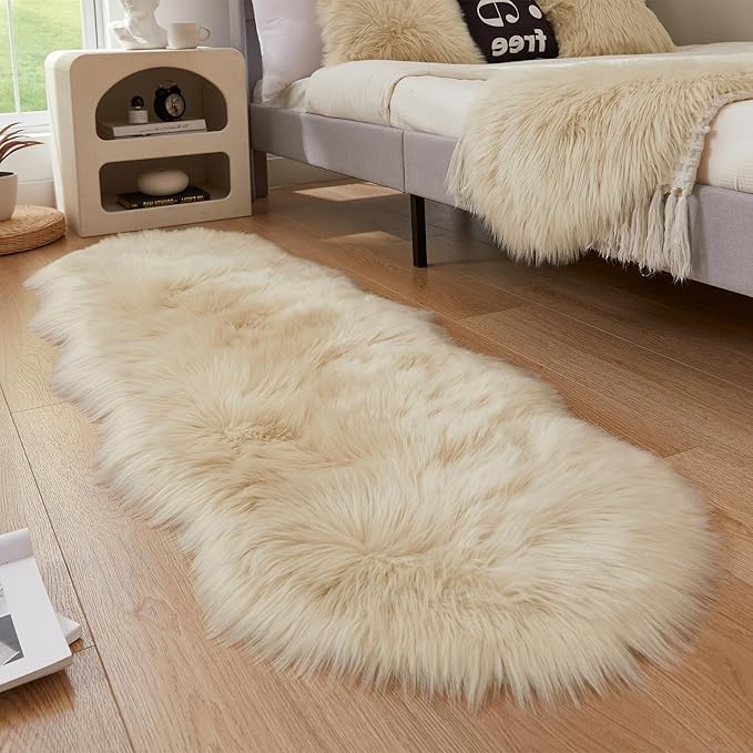 AMTOVO Faux Sheepskin Rug, Beige Ultra Soft Fluffy Shag Area Rug, 2 x 6 ft Faux Fur Rug for Bedroom Sofa Throw Cushion Room Decor, Sheepskin