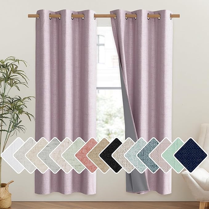 NICETOWN Pink Vintage Linen 100% Blackout Curtains for Classroom, Thermal Insulated Curtains 72" Long, Noise Reducing Window Treatment Drapes for Gym Room, 42" Wide Per Panel, Set of 2