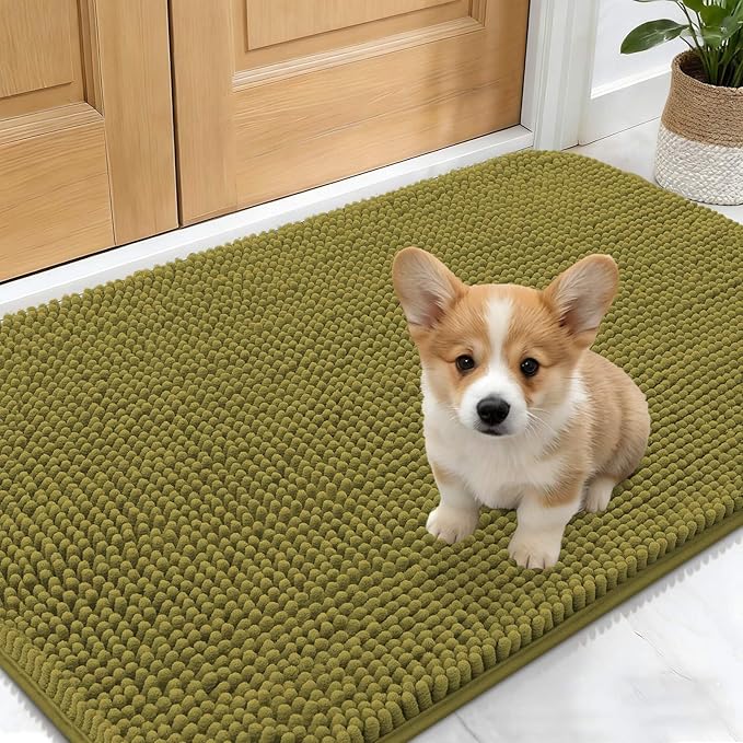 OLANLY Dog Door Mat for Muddy Paws 30x17, Absorbs Moisture and Dirt, Absorbent Non-Slip Washable Doormat, Quick Dry Chenille Mud Mat, Entry Indoor Entryway Carpet for Inside Floor, Willow Green