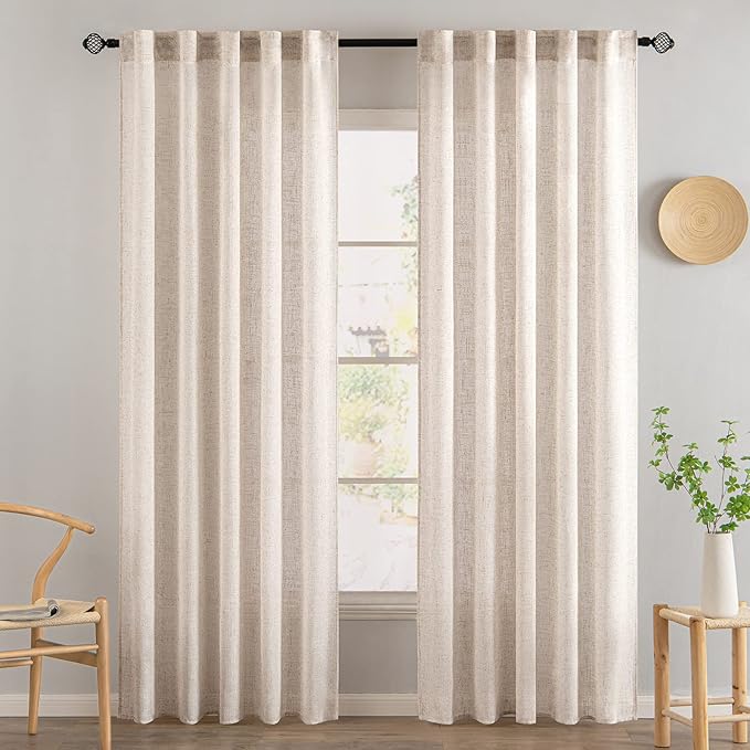 MIULEE Natural White Linen Curtains 84 Inch Length for Bedroom Living Room, Soft Thick Linen Textured Window Drapes Semi Sheer Light Filtering Rod Pocket Back Tab Cream Ivory, 2 Panels, 37x84 Inches