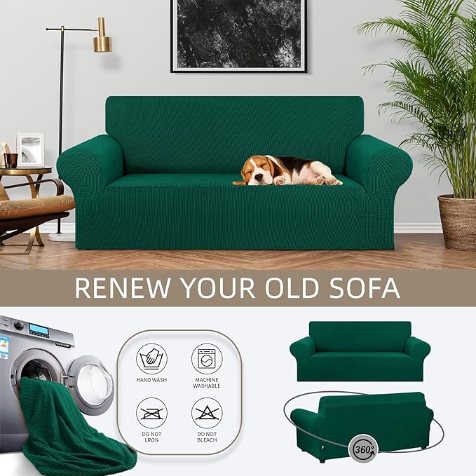 KEKUOU Stretch Loveseat Sofa Cover Slipcover,Couch Covers for 2 Cushion Couch Sofa (55"-78") Furniture Protector Sofa with Elastic Bottom for Kids,Dog. Jacquard Small Checked (Medium,Hunter)