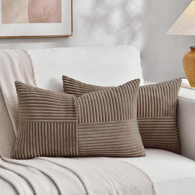 Fancy Homi Set of 2 Light Brown Lumbar Decorative Throw Pillow Covers 16x26 Inch for Living Room Bedroom Couch Bed Sofa, Soft Striped Corduroy Modern Rectangle Accent Cushion Case 65x40 cm