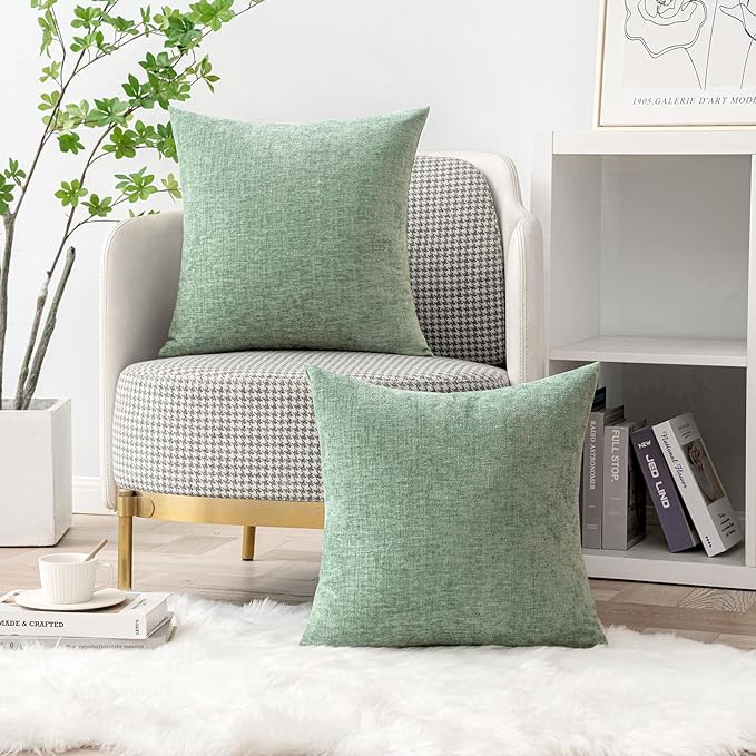 MIULEE Pack of 2 Couch Throw Pillow Covers 18x18 Inch Soft Greyish Green Chenille Pillow Covers for Sofa Living Room Solid Dyed Pillow Cases