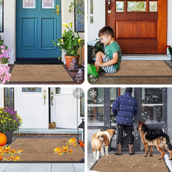 Smiry Front Door Mat Outside Entrance, Heavy Duty Sturdy Natural Rubber Doormat, Trap Dirt and Moisture, Easy Clean Low Profile Mats for Indoor Outdoor Entry, Irregular Triangle (71x34, Coffee)