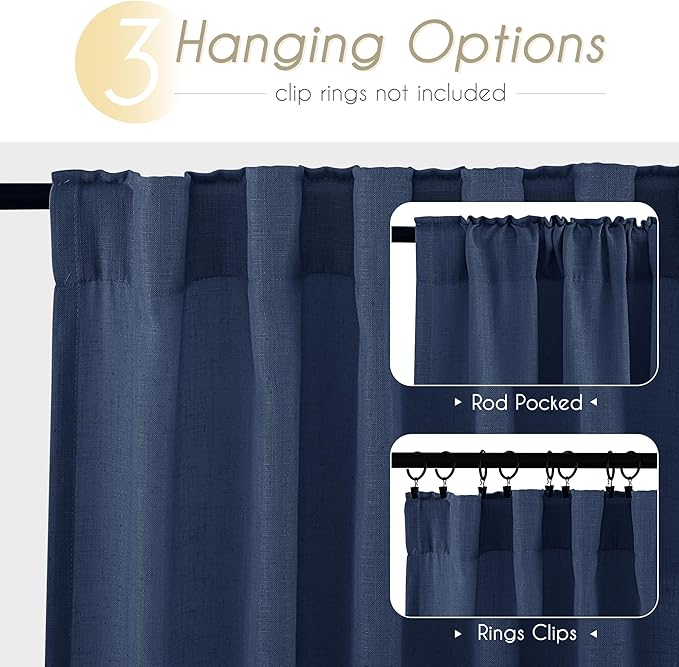 Navy Blue Curtains 90 inch Length for Bedroom, Living Room, Dining Room, 52" W x 90" L, Back Tab, Light Filtering, Semi Sheer, Linen Cotton Textured, Modern Farmhouse Aesthetic, Dark Blue