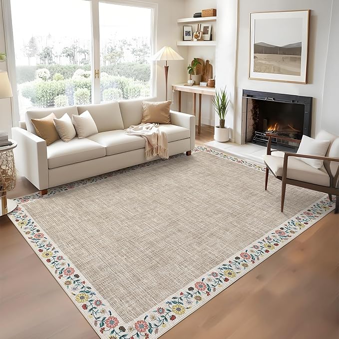 GarveeHome Washable Area Rugs for Bedroom 5x7 Living Room Modern Floral Throw Rugs Non-Slip Lightweight Thin Carpet Modern Farmhouse Print Non-Shedding Soft Low Pile Floor Cover, Light Camel