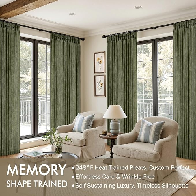 MIULEE Olive Green Pinch Pleated Linen Curtains 96 Inches Long 2 Panels for Living Room Bedroom, Linen Texture Memory Trained Drapes Back Tab Semi Sheer Moss Green Window Curtains with Hooks&Rings