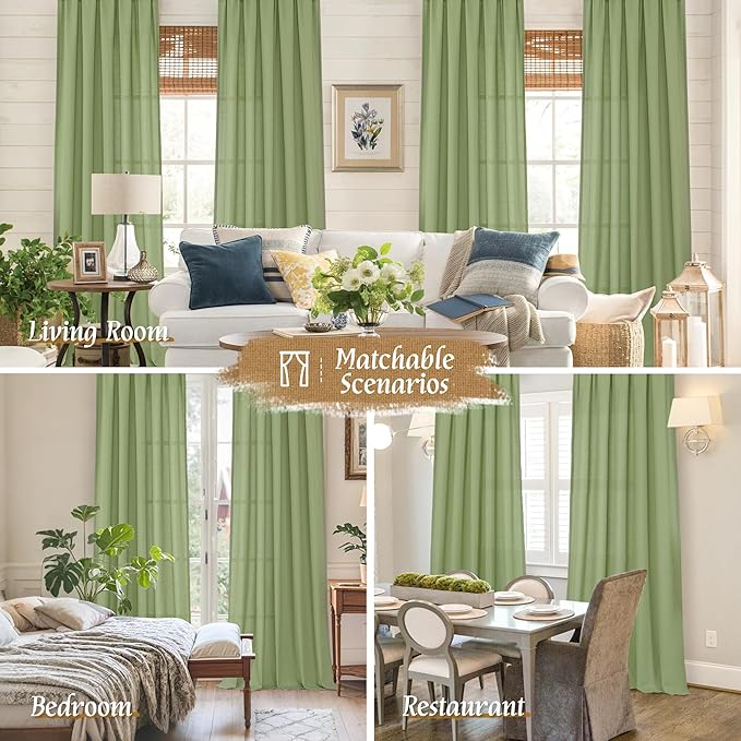 LAMIT Sage Green Linen Curtains for Living Room 84 inch Length 2 Panels, Light Filtering Privacy Panels Rod Pocket Neutral Privacy Drapes for Bedroom/Sliding Glass Door, 52 x 84 Inch