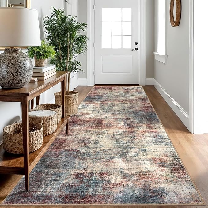 IOHOUZE Abstract Runner Rug 3x10 Ft Washable Runners for Hallways, Non Slip Kitchen Runner Printed Faux Wool Entryway Runner Indoor, Modern Abstract Floor Carpet for Hall Bedroom, Red/Multi