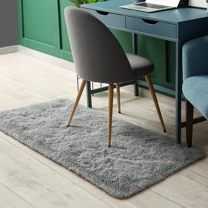 Amearea Shag Small Rug, Fluffy 2x4 Feet Throw Rugs for Bedroom Girls Living Room, Extra Soft and Fuzzy Shaggy Carpet, Non Slip, Solid Color Nursery Home Floor Decor Carpets, Grey