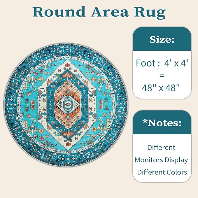 SERISSA Boho Round Area Rug, 4ft Washable Non-Slip Circle Rug, Ultra Soft Oriental Vintage Blue Low-Pile Small Circular Carpet for Bedroom Entryway Kids Room Office College Dorm Living Room