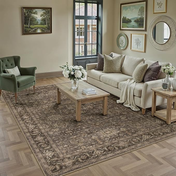 5x7 Washable Area Rug for Living Room Bedroom Vintage Brown Soft Low Pile Carpet Traditional Retro Non Slip Throw Rug for Dining Room Entryway Indoor Dorm Kitchen