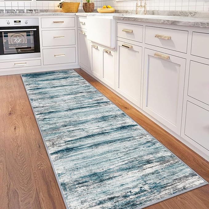 KOZYFLY Runner Rug 3x8 Modern Ombre Runners for Hallways, Washable Rugs for Bedroom Non-Slip Soft Stain Resistant Striped, Print Blue Abstract Carpet for Living/Laundry/Kid Room