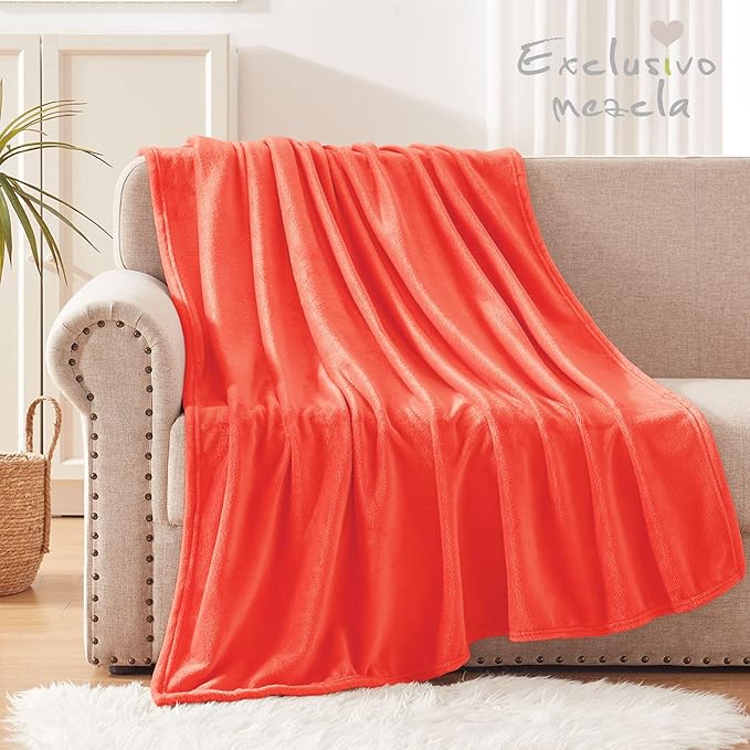 Exclusivo Mezcla Fleece Throw XL Blanket for Couch, Sofa, Super Soft and Warm Coral Orange Blankets, All Season, Cozy, Plush, Lightweight, 50x70 Inches