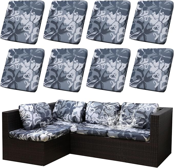 8Pcs Outdoor Cushion Covers, Patio Cushion Covers,Stretch Elastic Slipcovers, Replacement Washable & Reusable Furniture Protector for Patio Couch (Grey Flower-Pattern,Cover Only)