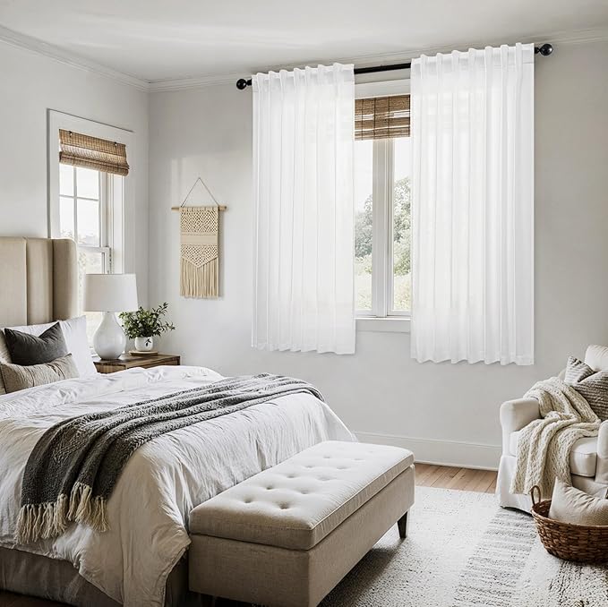 MIULEE White Linen Curtains Short 45 Inch Length 2 Panels for Kitchen Bedroom, Soft Thick Linen Textured Window Drapes Semi Sheer Light Filtering Back Tab Rod Pocket Burlap Look Decor