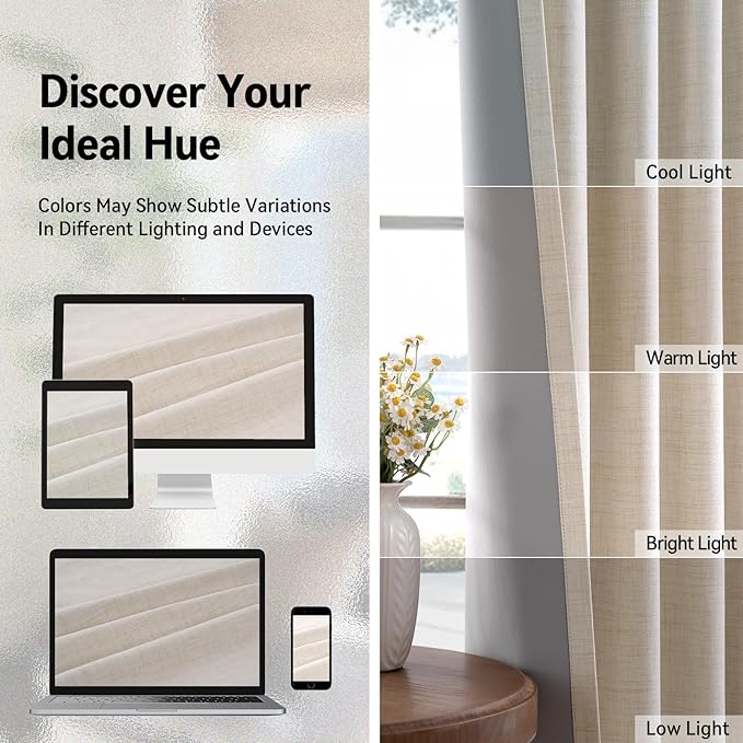 100% Blackout Shield Linen Blackout Curtains for Bedroom, Butter Cream Grommet Curtains for Living Room, Thermal Insulated Room Darkening Drapes for Nursery, Boho Home Decor, 50" W x 96" L, 2 Panels