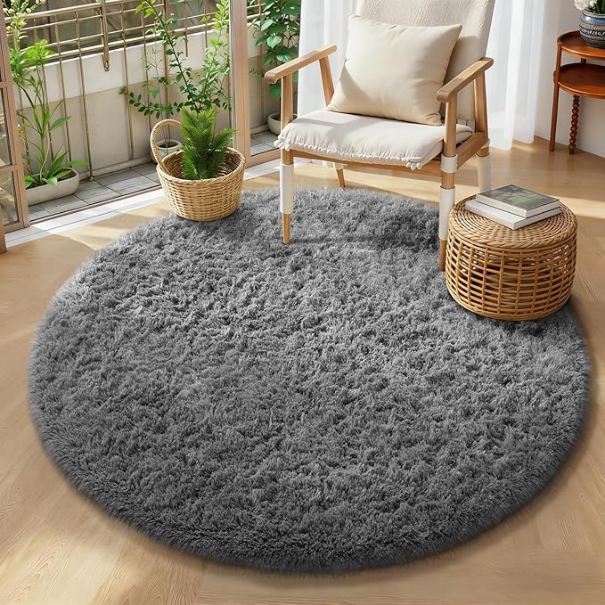 Ophanie Round Rug 4Ft Grey Circle Area Rugs, Fluffy Fuzzy Small Bedroom Carpet 4 Foot, Plush Shag Floor Gray Living Room Christmas Circular Aesthetic Decor for Kids Teen Boys Baby, Nursery, Classroom