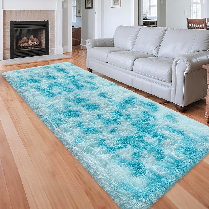 Tie-Dyed Sky Blue 3x10 Machine Washable Runner Rugs for Hallway Soft Fluffy Shaggy Bedside Rugs for Bedroom Living Room Indoor Floor Carpet for Kids Girls and Boys Nursery Rooms Home Decor Aesthetic