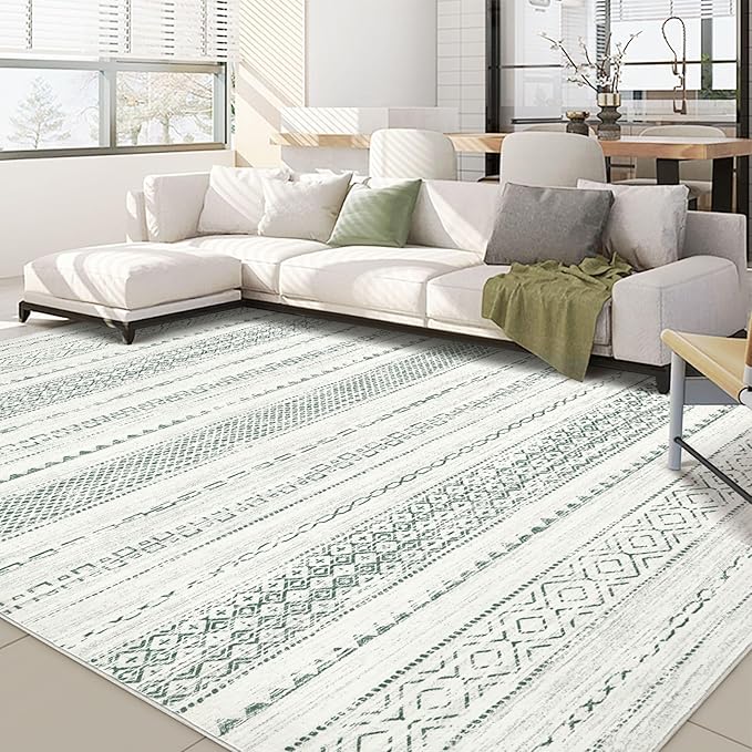 Nakagishi Green Rug Living Room Rugs: 9x12 Washable Boho Large Neutral Soft Farmhouse Stain Resistant Modern Non Slip Indoor Floor Carpet for Bedroom Nursery Kids Playroom Office Dining Room Home