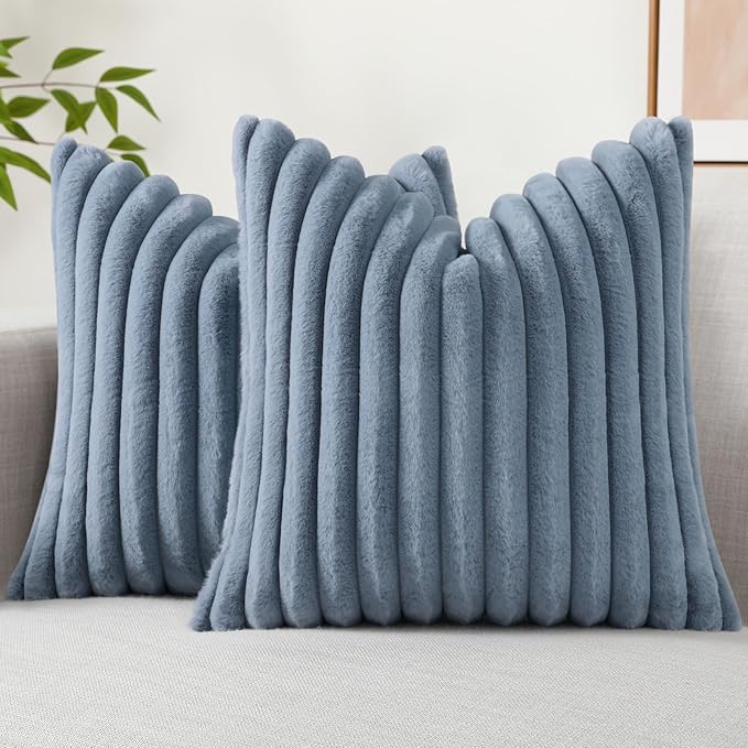 decorUhome Cozy Faux Fur Throw Pillow Covers 22x22 Set of 2 Decorative Soft Plush Striped Modern Farmhouse Boho Couch Euro Sham Pillow Cases with Velvet Back for Sofa Bed Living Room, Grey Blue