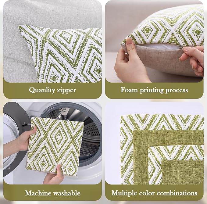 HPUK Decorative Throw Pillow Covers Set of 4 Geometric Design Linen Cushion Cover for Couch Sofa Living Room, 20"x20" inches, Green