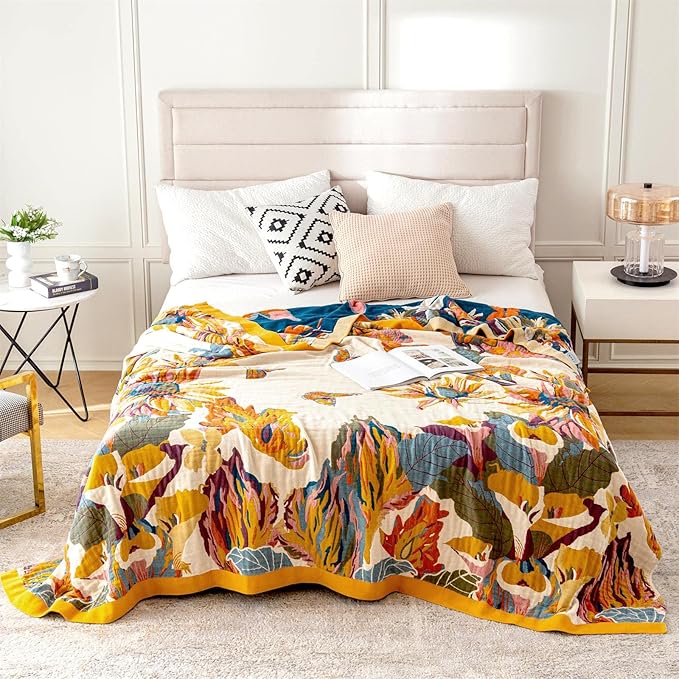 MSGKV Boho Throw Blanket for Bed 100% Cotton Throw Floral Couch Blanket 80''x90'', Spring Breathable Travel Muslin Blanket for Women Home Decor