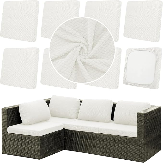 8Pcs Outdoor Cushion Covers,Patio Cushion Covers,Stretch Elastic Slipcovers,Replacement Washable Furniture Protector for Patio Couch,Jacquard Textured Twill Fabric(White,Cover Only)