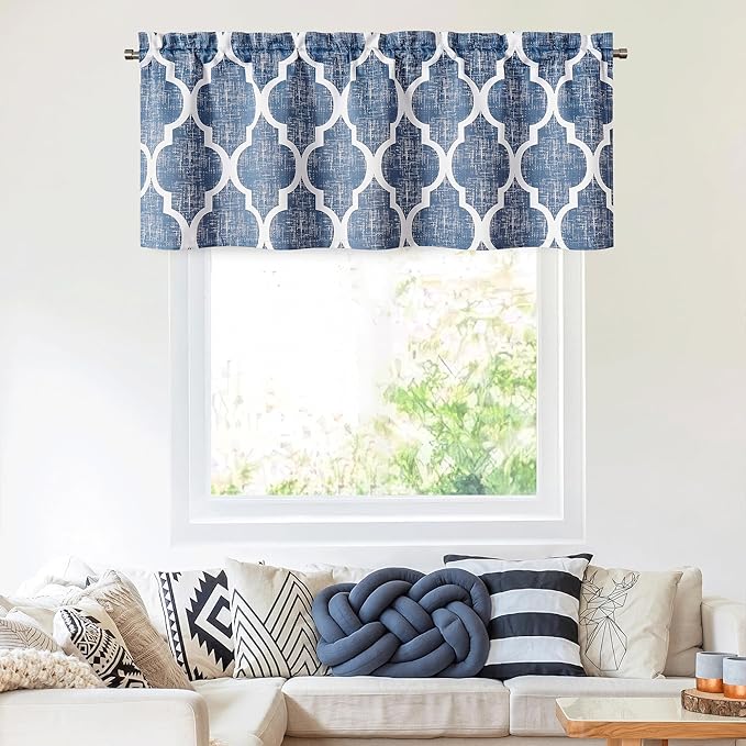 Beauoop Kitchen Cafe Valance Moroccan Tiles Print for Windows Geometric Small Blackout Curtains Room Darkening Rod Pocket Window Treatment for Living Room Bathroom,Blue, 50" W x 18" L, 1 Panel