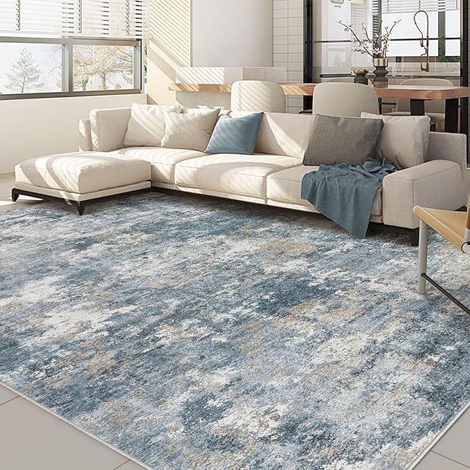 Nakagishi 10x12 Area Rugs Living Room: Washable Abstract Large Neutral Soft Rug Stain Resistant Modern Indoor Floor Non-Slip Carpet for Bedroom Nursery Kids Playroom Office Dining Room Dorm-Blue Brown