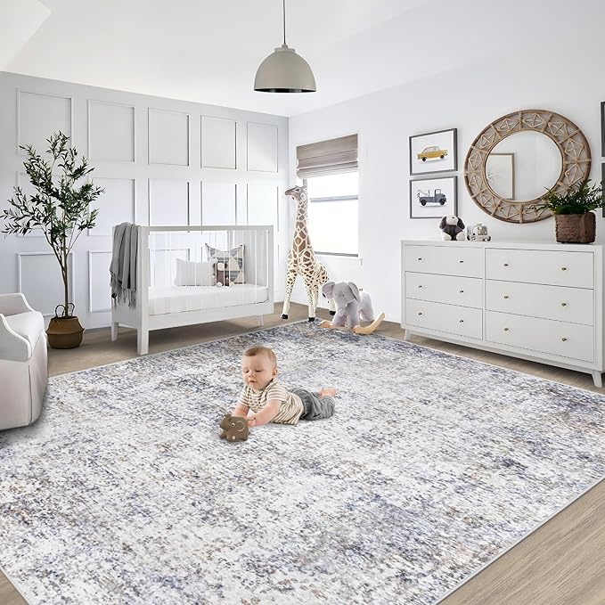XLUEZ 8x10 Area Rugs for Living Room, Washable Modern Abstract Large Area Rug Neutral Soft Non Slip Kids Rug Stain Resistant Indoor Carpet for Bedroom Nursery Dining Room Playroom(Bluegrey, 8'x10')