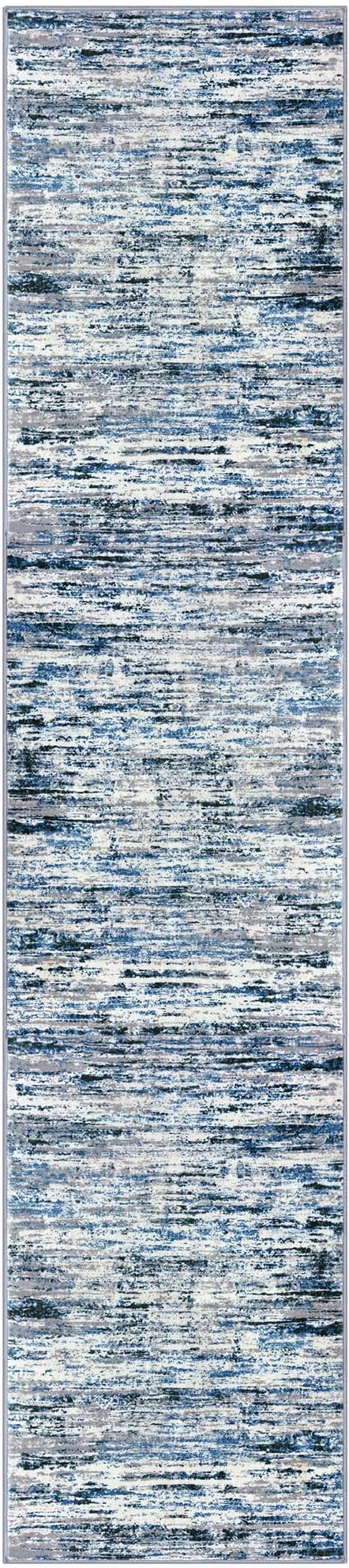 Lansny Modern Abstract Runner Rug 2.6x12, Grey Blue White Washable Long Kitchen Runner Non-Slip Soft Hallway Rug Runner Thin Print Faux Wool Carpet for Entryway Bedroom Laundry Room Indoor Home Decor