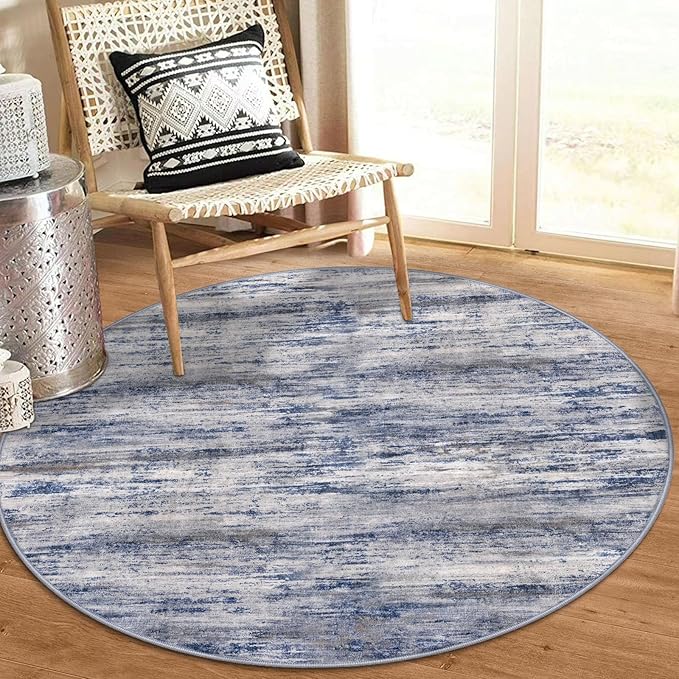 KOZYFLY Modern Abstract Circle Rug 3Ft, Washable Kitchen Round Rug Non-Slip Soft Small Bathroom Rug, Grey-Blue Striped Entryway Rugs Faux Wool Doormat for Bedside Entrance Bedroom Sink