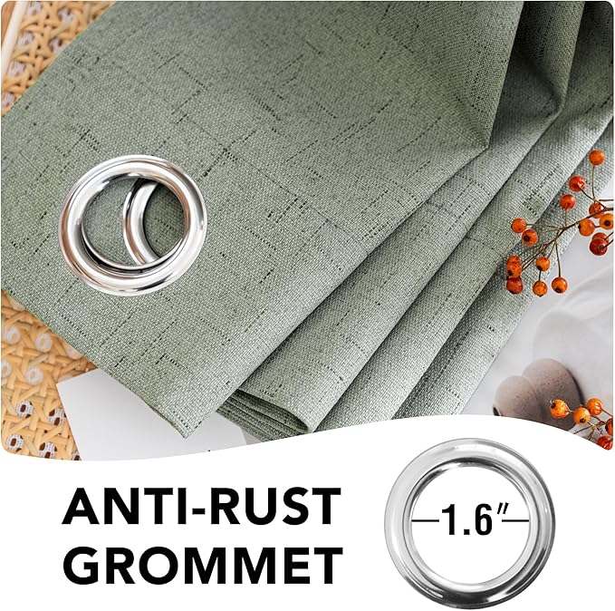 H.VERSAILTEX Linen Blackout Curtains 63 Inches Long 100% Blackout Thermal Insulated Textured Linen Look Curtain Draperies Anti-Rust Grommet, Energy Saving with White Liner, 2 Panels, Green Bay