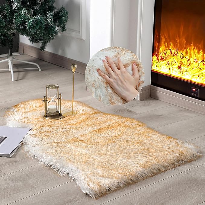 linmopm Faux Fur Rug Sheepskin Shag Fluffy Fuzzy 2x3 ft Small Rugs for Bedroom Bedside Bed Floor Living Room Plush High-Density Cushion Carpet Super Sofa Cover White and Yellow