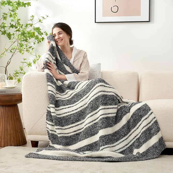 Snuggle Sac Heather Throw Blanket for Couch, Reversible Super Soft Blankets Warm Cozy Knit Fuzzy Plush Lightweight for Sofa, Bed, Camping, Picnic (Stripe Black, Queen (90"x90"))