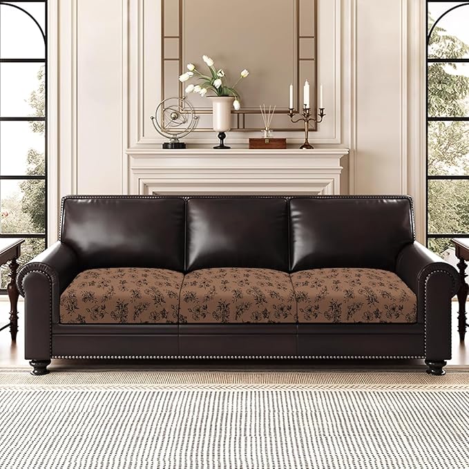 Leather Look Couch Cushion Covers Sofa Seat Slipcovers Sets Couches Furniture Protector for Sectional Armchair Loveseat Pets Kids Stretch Spandex Fabric (3 Cushion Sofa, Brown 01Flower)