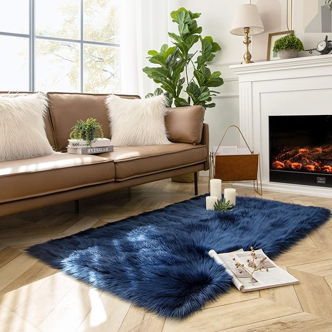 Ashler faux fur rug, Fluffy Shaggy Area Rug Ultra Soft 3 x 5 Feet Rectangle Fur Rug Navy Blue Fuzzy Rug Machine Washable Shag Rug, Nursery Decor Throw Rugs for Bedroom, kids room, Living Room