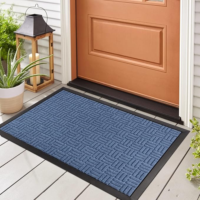 Mibao Front Door Mat, Heavy Duty Durable Welcome Mat for Outdoor Indoor, Dirt Trapper Waterproof Super Absorbent Door Mat for Entryway Outside Patio Porch, 35.5" x 24", Blue