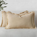 MIULEE Decorative Lumbar Throw Pillow Covers Neutral Linen Fringe Throw Pillows Set of 2 Beige Boho Farmhouse Cushion Covers with Tassels for Couch Sofa Bed Living Room Spring Home Decor 12x20 Inch