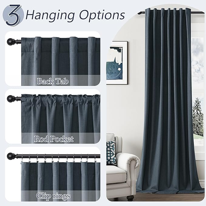 Guken 100% Blackout Linen Curtains 96 Inch Length 2 Panels Set for Living Room Bedroom Back Tab Thermal Insulated Black Out Linen Drapes Room Darkening Window Curtains,Vintage Blue
