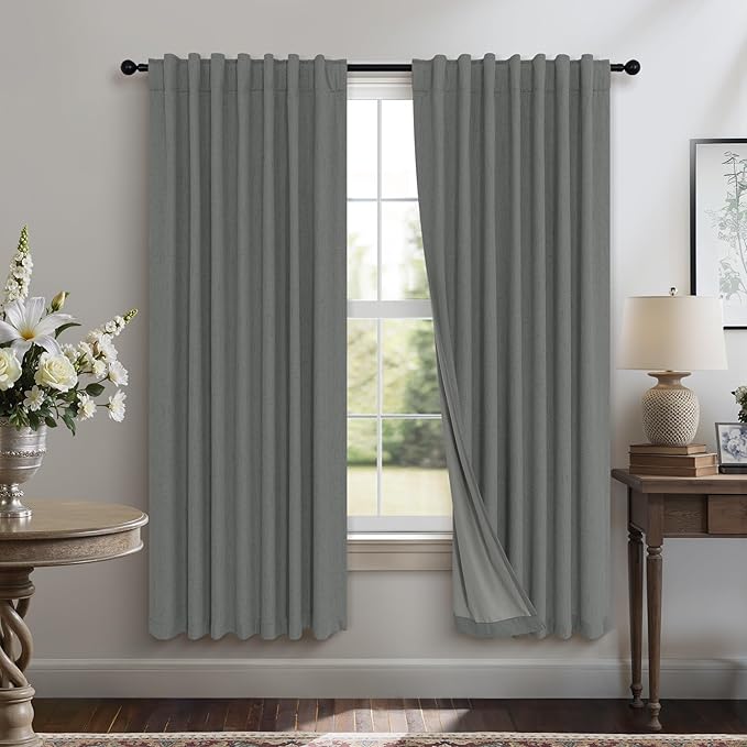 Charcoal Grey Curtains for Bedroom 2 Panel Set 63 Inch Length 100% Blackout Linen Look Thermal Insulated Light Blocking Darkening Bay Window Curtains for Boys Nursery Living Room Bathroom Dark Gray