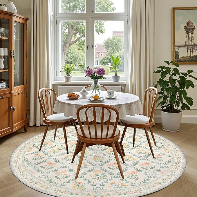 Round Area Rug for Living Room: 4 ft Floral Washable Circle Rug Soft Non-Slip Carpet Indoor Stain Resistant Low Pile Small Circular Rug for Bedroom Entryway Kitchen Nursery Home Office Beige/Multi